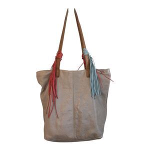 The SAK Stylish Beige Leather Tote with Pastel Blue & Peach Tassel Fringe Boho